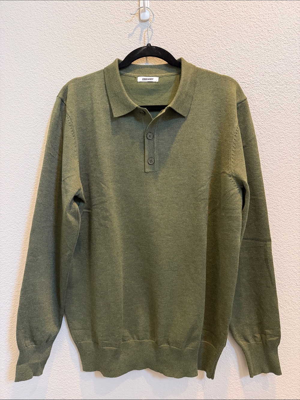 Coofandy Olive Knit Long-Sleeve Stretch Polo Sweater Shirt NWOT